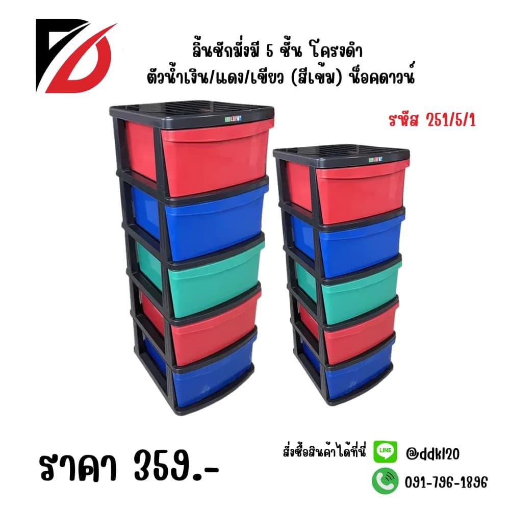 ลิ้นชักมั่งมี 5 ชั้น โครงดำ ตัวน้ำเงิน/แดง/เขียว (สีเข้ม) น็อคดาวน์ 1