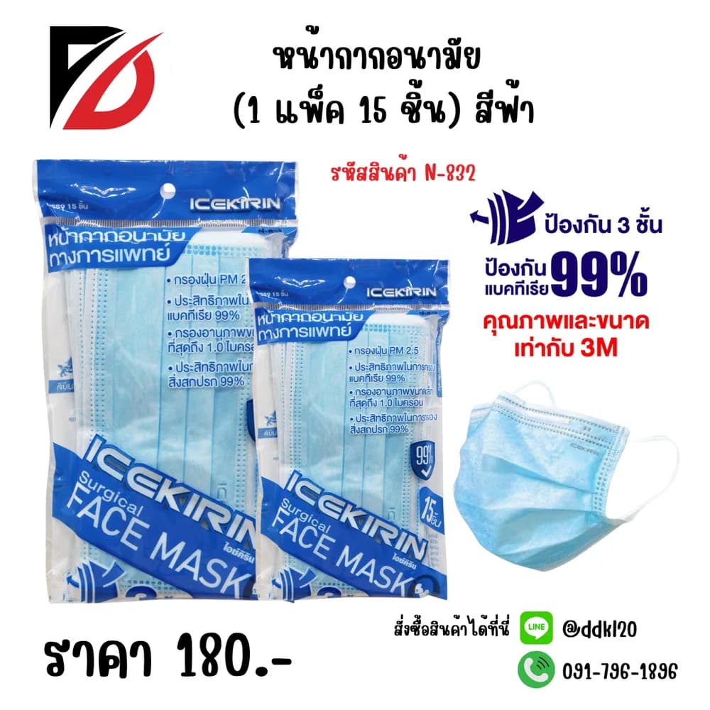หน้ากากอนามัย (แพ๊ค 15 ชิ้น) สีฟ้า 1